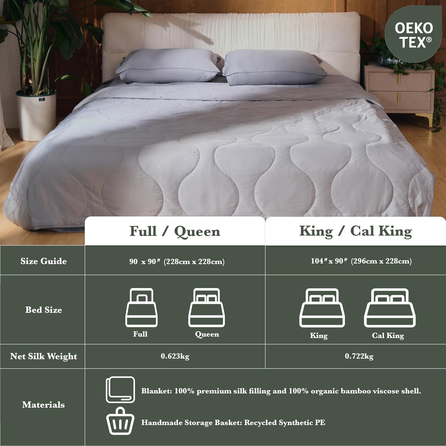 Silk Comforter Queen Size | 100% Mulberry Silk Fill with Organic Bamboo Viscose Shell | Summer Cooling Blanket for Hot Sleepers, Lightweight Breathable All-Season Bedding (Ice Grey, 90'x90')