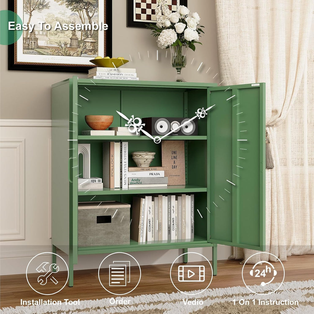 2 Door Metal Locker Storage Cabinet,40' H Green Cabinets for Storage with Doors, Freestanding Small Sideboard Pantry Cabinet for Small Spaces,Hallway,Home Office, Kitchen and Living Room