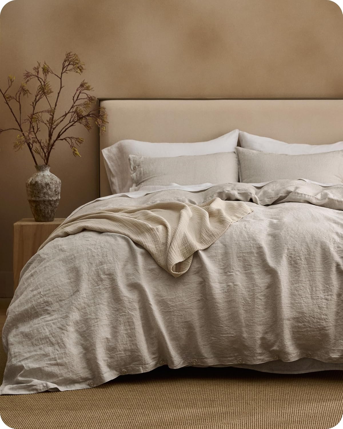 Bedsure 100% Linen Duvet Cover Queen Size, Washed 170 GMS European Flax-Linen, Soft 3pcs Bedding Set with Button Closure for Farmhouse, PureWoven Texture & Breathable for Hot Sleeper, Linen, Queen