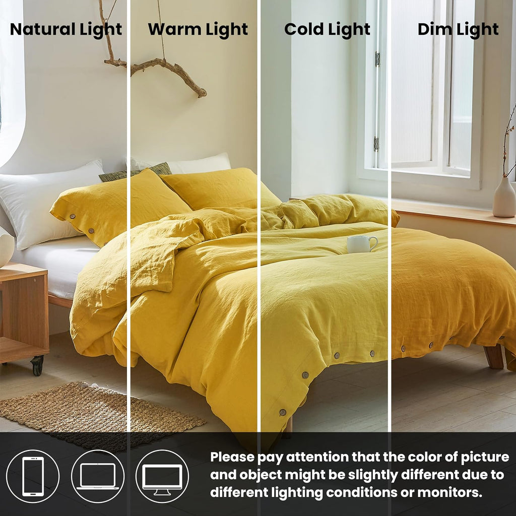 Simple&Opulence 100% Linen Duvet Cover Set 3pcs with Coconut Button Closure Natural French Washed Flax Solid Color Soft Breathable Farmhouse Bedding - Mustard Yellow, Queen Size