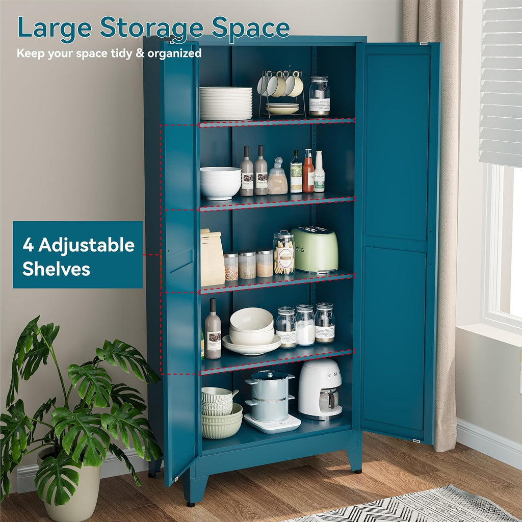 Bevivog Metal Kitchen Pantry Cupboard Cabinet, 71' Blue Storage Cabinets with 2 Doors and 4 Adjustable Shelves for Kitchen/Home Office/Dining Room/Living Space