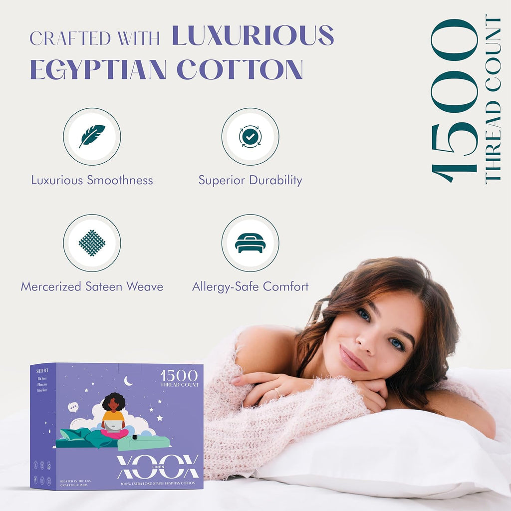 XOOX Linen 100% Egyptian Cotton Sheets Queen Size Bed Set - Luxury 1500 High Thread Count Egyptian Cotton Queen Sheet Set (4 PC, Light Grey), 17' Deep Pocket, Silky Soft, Cooling, Sateen Bedding