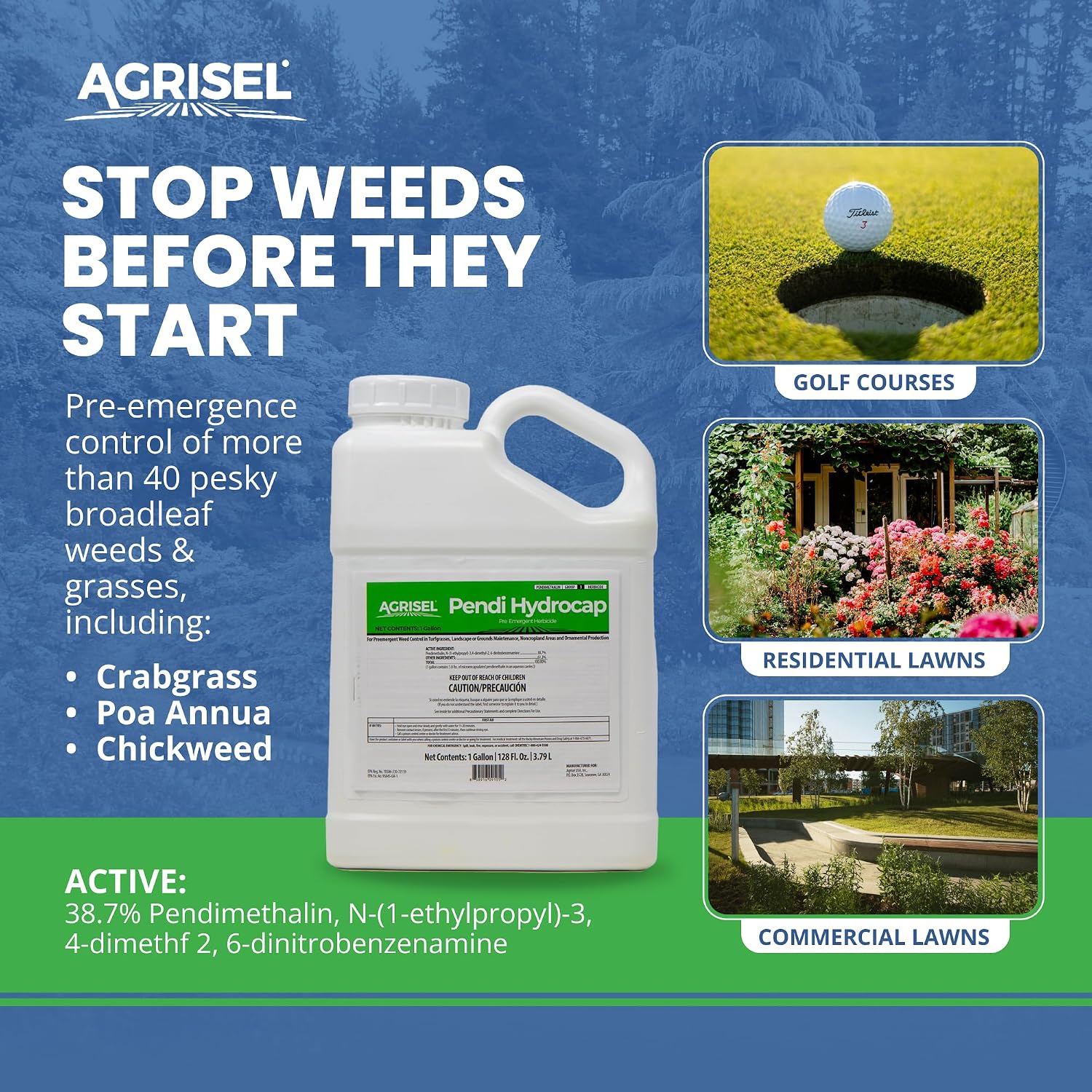 Agrisel Pendi Hydrocap Weed Killer, Pre-Emergent Formula, Effective on 40+ Broadleaf Weeds and Grasses, No-Stain, Mixes Easily, Pet Safe, Includes 3-Pack of Agrisel Protective Gloves, 128 Ounces