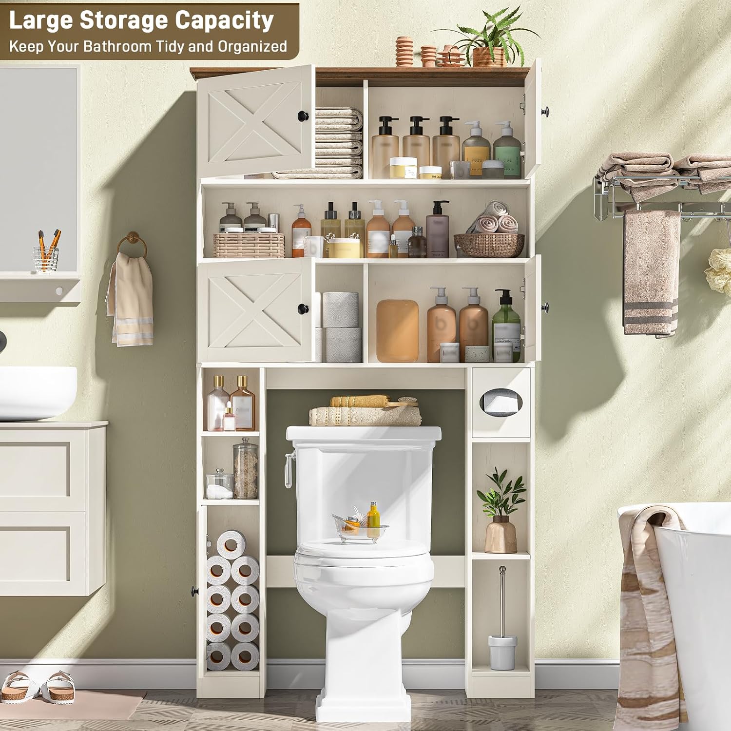 Over The Toilet Storage Cabinet, Farmhouse Storage Over Toilet with 4 Barn Doors & Adjustable Shelf, Space Saving Bathroom Organizer with Toilet Paper Holder Stand for Bathroom, Laundry, Rustic White