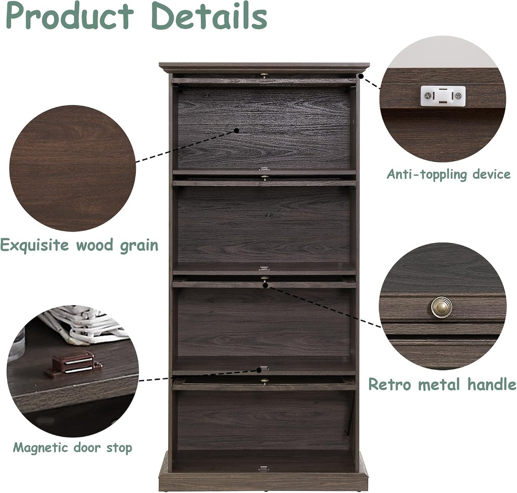 Brown Glass Display Curio Cabinet, Barrister Bookcase with Glass Doors, Rustic Brown Wood Display Cabinet, 31.5'L x 13.7'W x 63'H