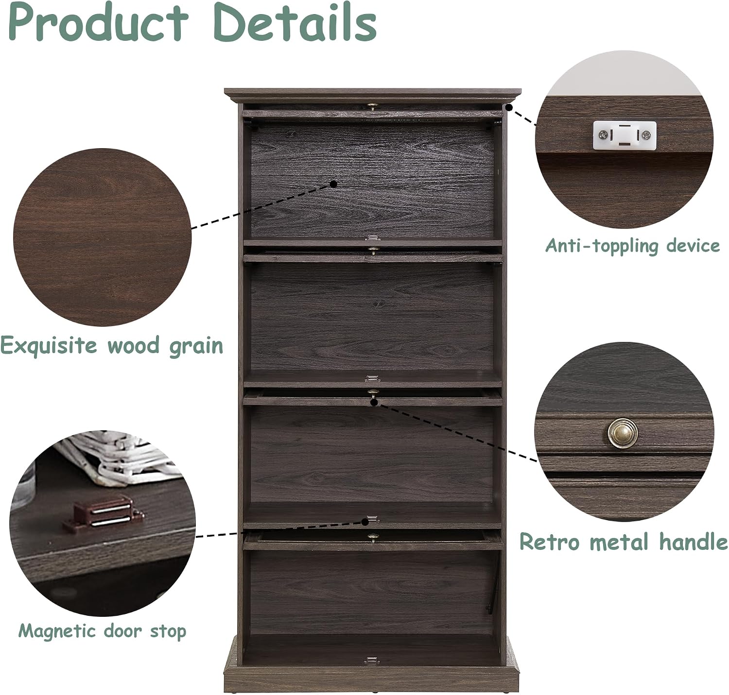 Brown Glass Display Curio Cabinet, Barrister Bookcase with Glass Doors, Rustic Brown Wood Display Cabinet, 31.5'L x 13.7'W x 63'H