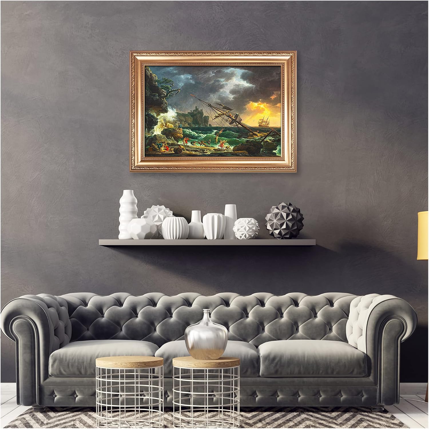 The Shipwreck Sailboat by Claude–Joseph Vernet Sailboat Warship Painting Reproductions Framed Size:36x26 inches,Image Size:30x20 inches World Classic Reproductions For HomeDecor,Gold Frame