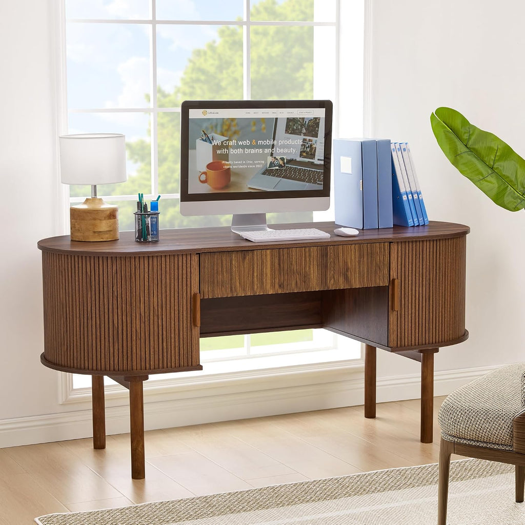 Executive Office Desk with Storage, 63 Inch Large Computer Workstation Desk with Drawer and File Cabinets, Mid Century Modern Fluted Wood Writing Desk for Home Office, Study Room, Living Room, Walnut