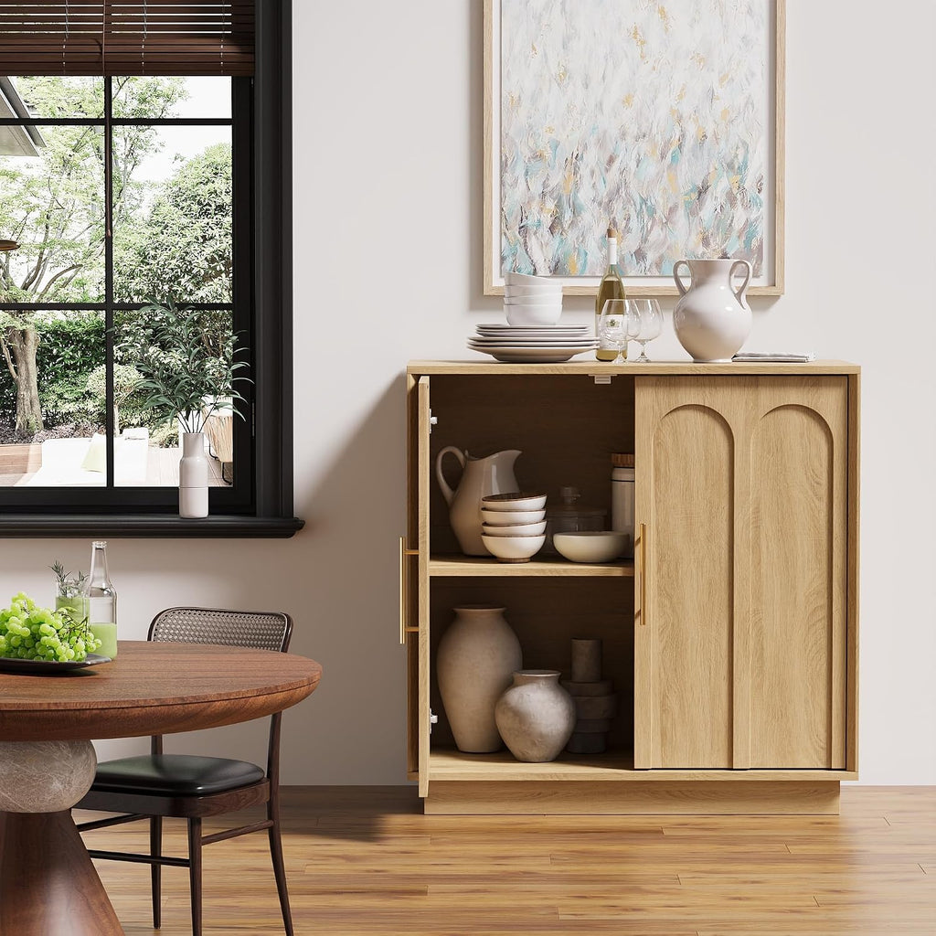 FORTUNETEC Sideboard Buffet Cabinet with Storage Set of 2, Mid Century Modern Accent Cabinet with Arched Doors, Modular Media Console, Credenza for Living Room Kitchen Dining Room Entryway, Oak