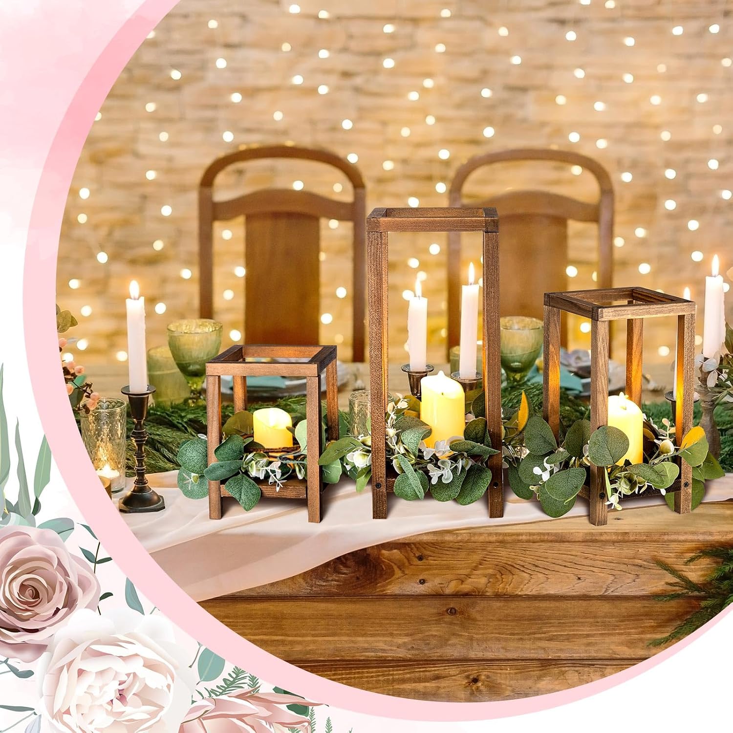 Geelin 12 Set 7.87'', 10.59'', 13'' Brown Wooden Lanterns for Wedding Centerpieces Include 12 Wooden Lantern 12 LED Candle 12 Eucalyptus Leaves Wreath for Wedding Baby Shower Farmhouse Table Decor