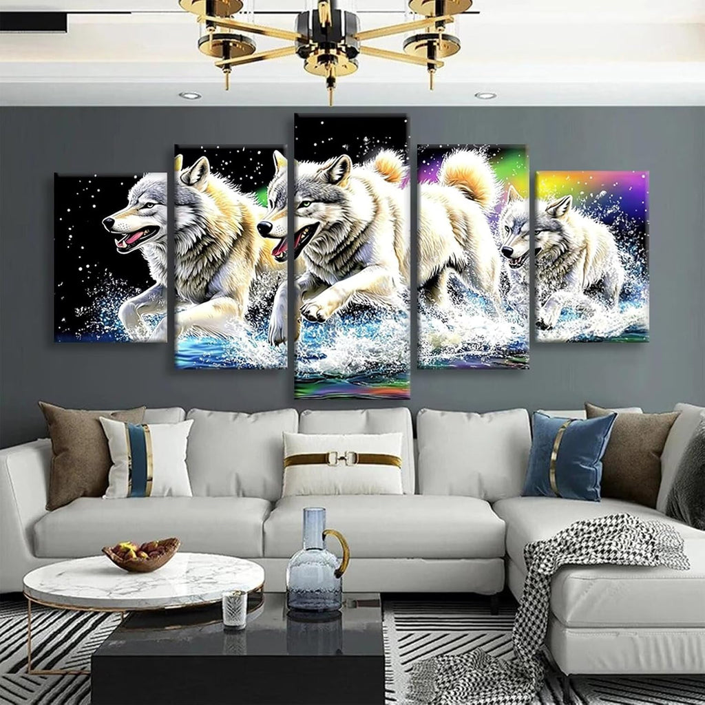 Wolf Diamond Art 5 Piece Diamond Painting Animal 5D DIY Full Round Drill Dimond Art Paintings Rhinestones Crafts for Adults Gem Painting for Home Decor, Large Artwork for Wall 60 x 120 Inch, Model381