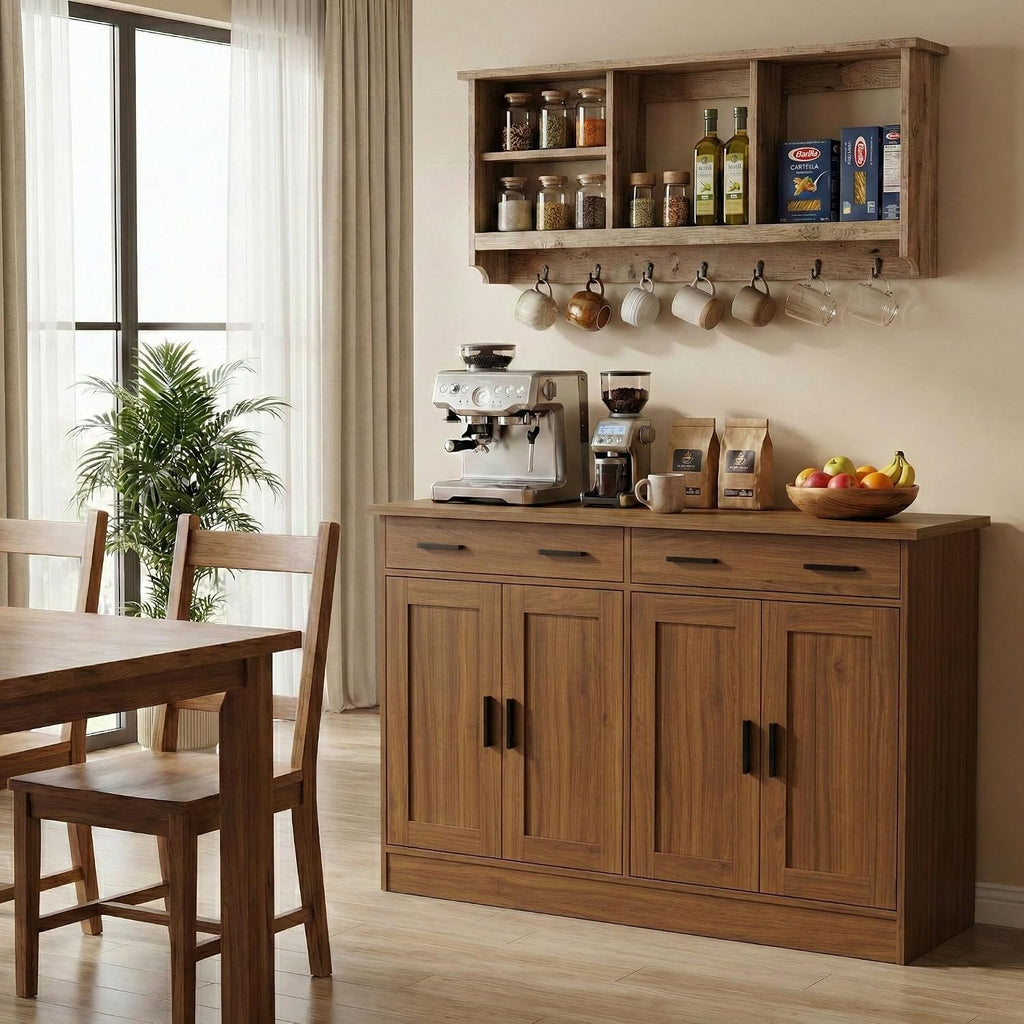 Anystyle 53' Rustic Brown Buffet Cabinet with Storage, Kitchen Sideboard Buffet Server with 2 Drawers & 4 Doors, Modern Coffee Bar Cabinet Credenza for Dining Room, Living Room, Hallway