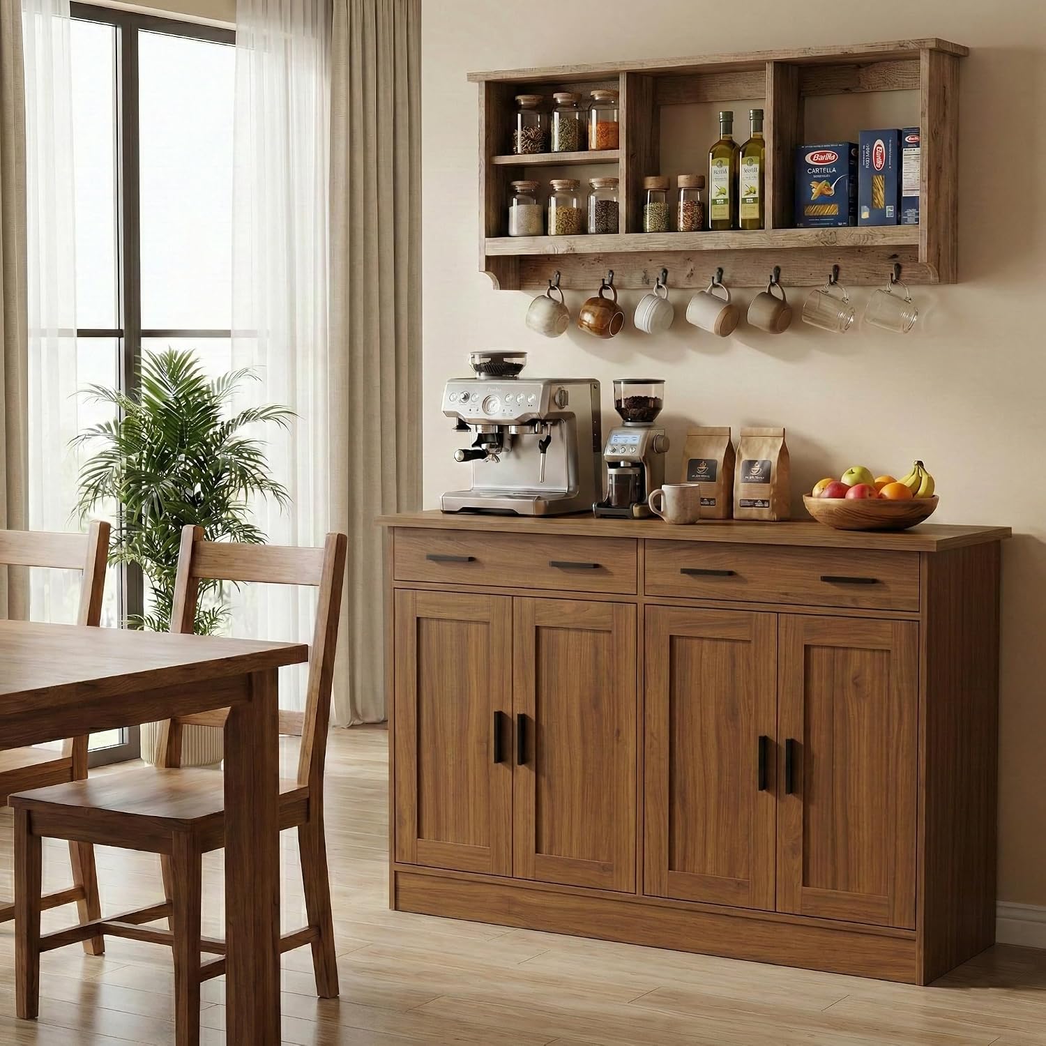 Anystyle 53' Rustic Brown Buffet Cabinet with Storage, Kitchen Sideboard Buffet Server with 2 Drawers & 4 Doors, Modern Coffee Bar Cabinet Credenza for Dining Room, Living Room, Hallway