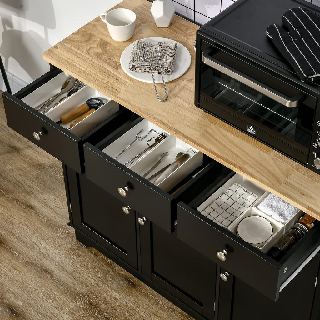 HOMCOM Sideboard Buffet Cabinet with Solid Wood Countertop, Modern Kitchen Storage Cabinet, Coffee Bar Cabinet with 3 Drawers, Doors and Adjustable Shelf, Black