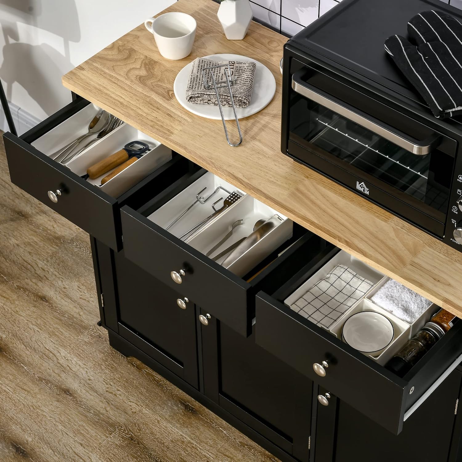 HOMCOM Sideboard Buffet Cabinet with Solid Wood Countertop, Modern Kitchen Storage Cabinet, Coffee Bar Cabinet with 3 Drawers, Doors and Adjustable Shelf, Black