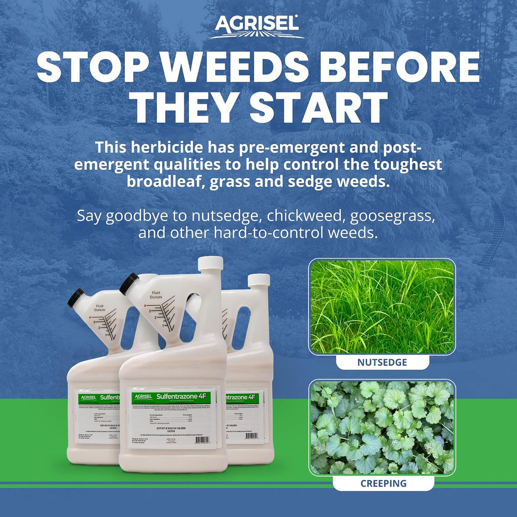 Agrisel Sulfentrazone 4F Weed Killer, Pre-Emergent and Post-Emergent, Broad-Spectrum Control, Stops 100+ Weeds, Pet Safe, Includes 3-Pack of Agrisel Protective Gloves, 64 Ounces