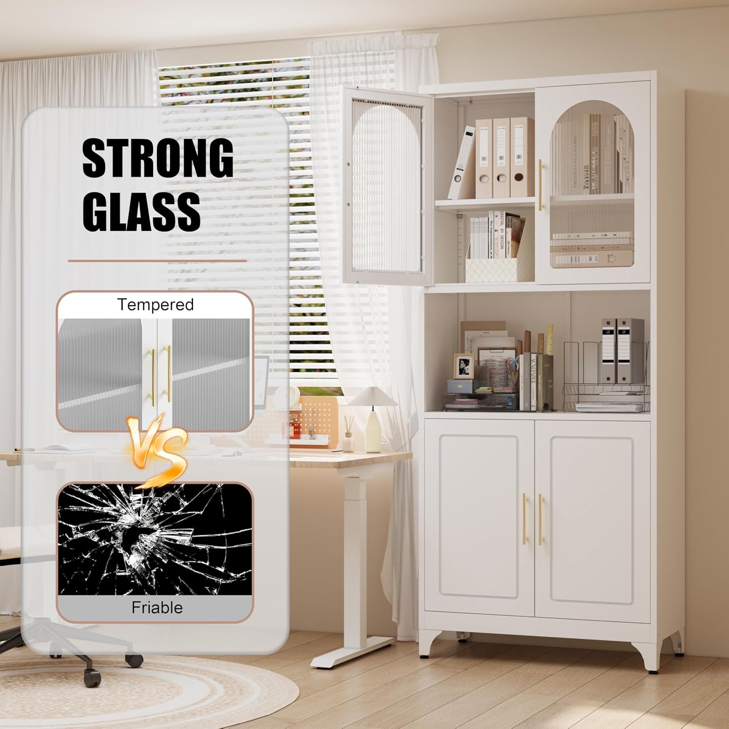 Kitchen Pantry Cabinet, 75' Tall Metal Storage Cabinets with Microwave Stand, White Hutch, Tall Storage Cabinet with Glass Doors and Adjustable Shelves, Food Pantry Cupboard for Kitchen, Dining Room
