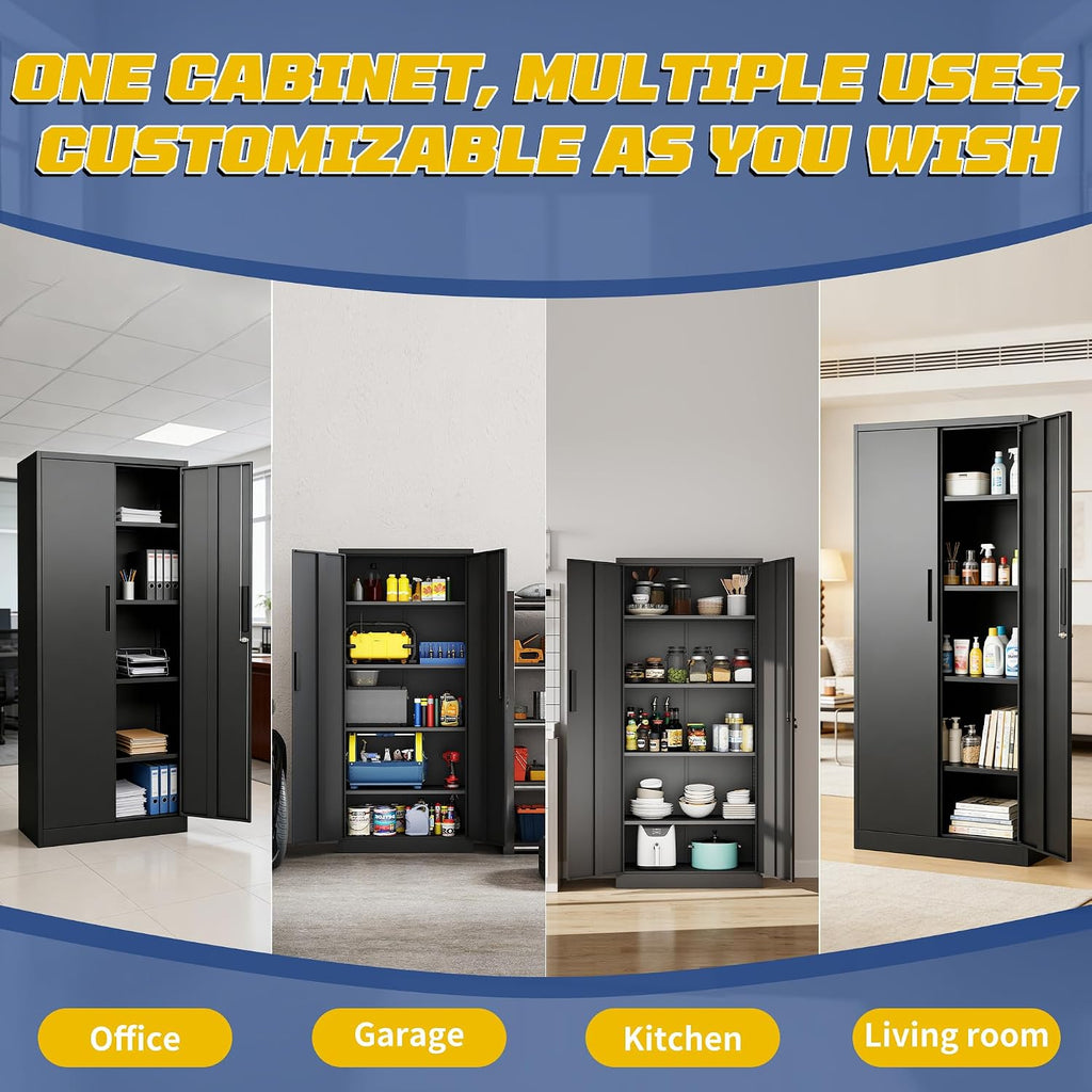 Metal Storage Cabinet with Adjustable Shelves, 72' Steel Garage Storage Cabinets with Lock and 2 Door, Locking Tool Cabinet Utility Cabinets for Garage, Kitchen, Home Office, School, Shop
