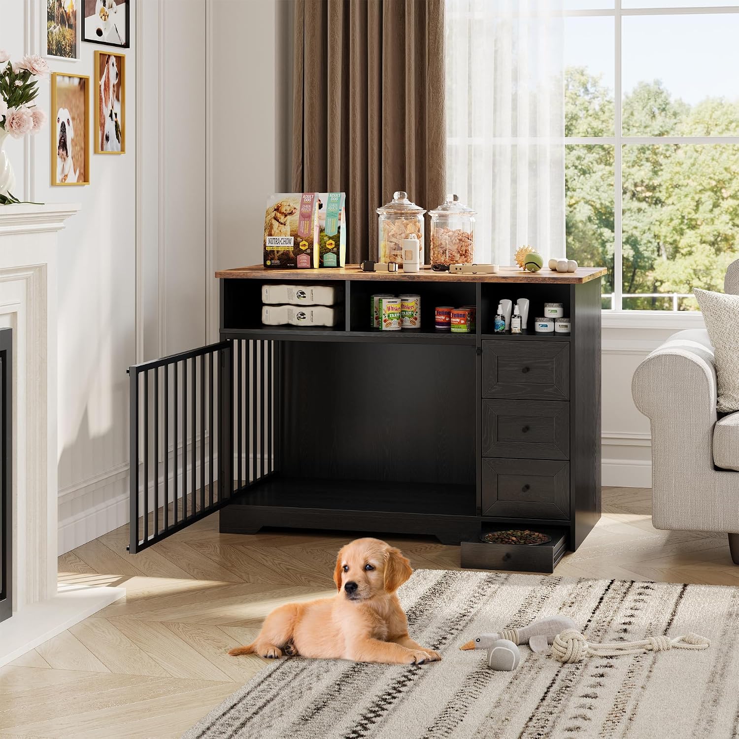 GarveeLife 48'' Dog Crate Furniture, Farmhouse Heavy Duty Dog Kennel with Bowl & Storage Drawers, Medium Dog Cage End Table for Small Medium Dogs, Black