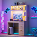 40' W Fluted Study Desk with Hutch and Storage Cabinet, Computer Desk with Power Outlet & LED Lights, Home Office Desk with Card-Based Lock for Study, Bedroom, Living Room, Natural Oak