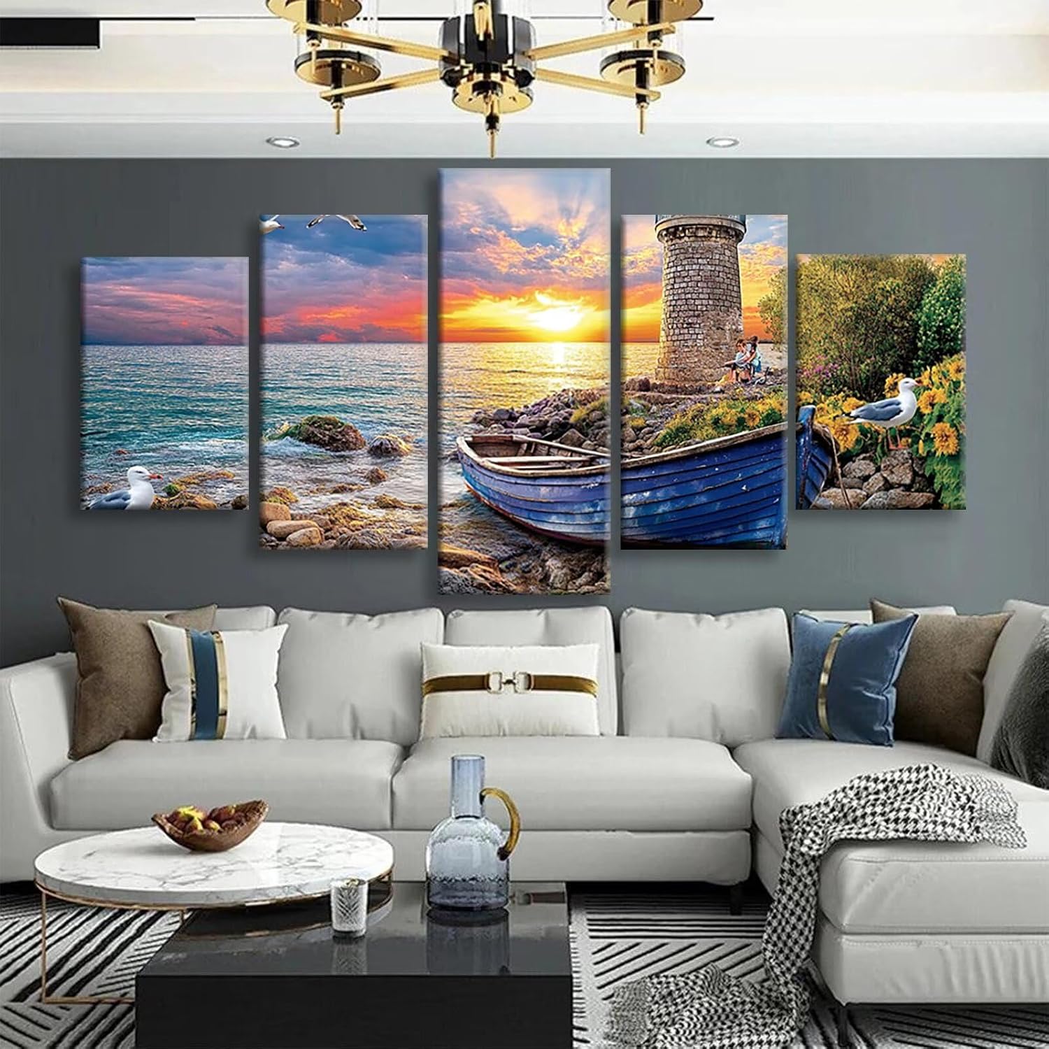 Lighthouse Diamond Art 5 Piece Diamond Painting Landscape 5D Full Round Drill Dimond Art Paintings Crystal Crafts for Adults Gem Painting for Home Decor, Large Artwork for Wall 60 x 120 Inch, Model69