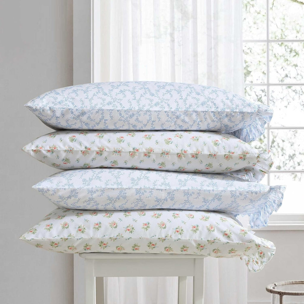 Laura Ashley - Twin XL Size Sheet Set, Crisp Cotton Percale Bedding with Ruffle Pillowcase, Fully Elastic Deep Pocket Fitted Sheet, Floral Room Decor, Breathable All-Season Comfort (Victoria Blue)