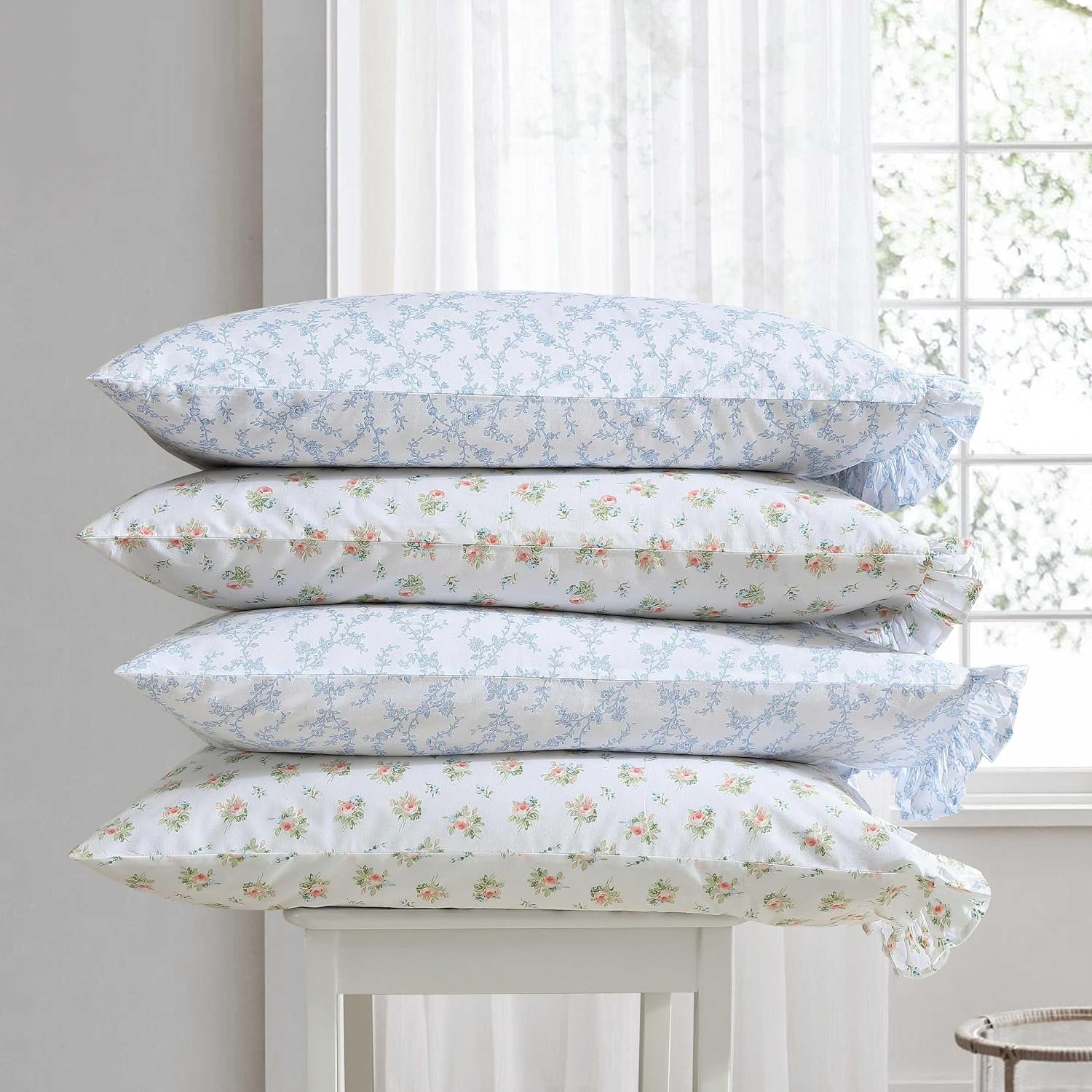 Laura Ashley - Twin XL Size Sheet Set, Crisp Cotton Percale Bedding with Ruffle Pillowcase, Fully Elastic Deep Pocket Fitted Sheet, Floral Room Decor, Breathable All-Season Comfort (Victoria Blue)