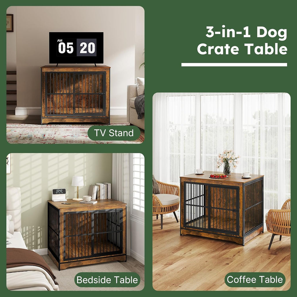 Yafylly 42 in Dog Crate, XL Dog Crate Furniture with 3 Doors, Wooden Dog Furniture Crate for Medium Dogs Large Breed, Heavy Duty Dogs Kennel End Table, Multiple Units Can be Combined or Stacked