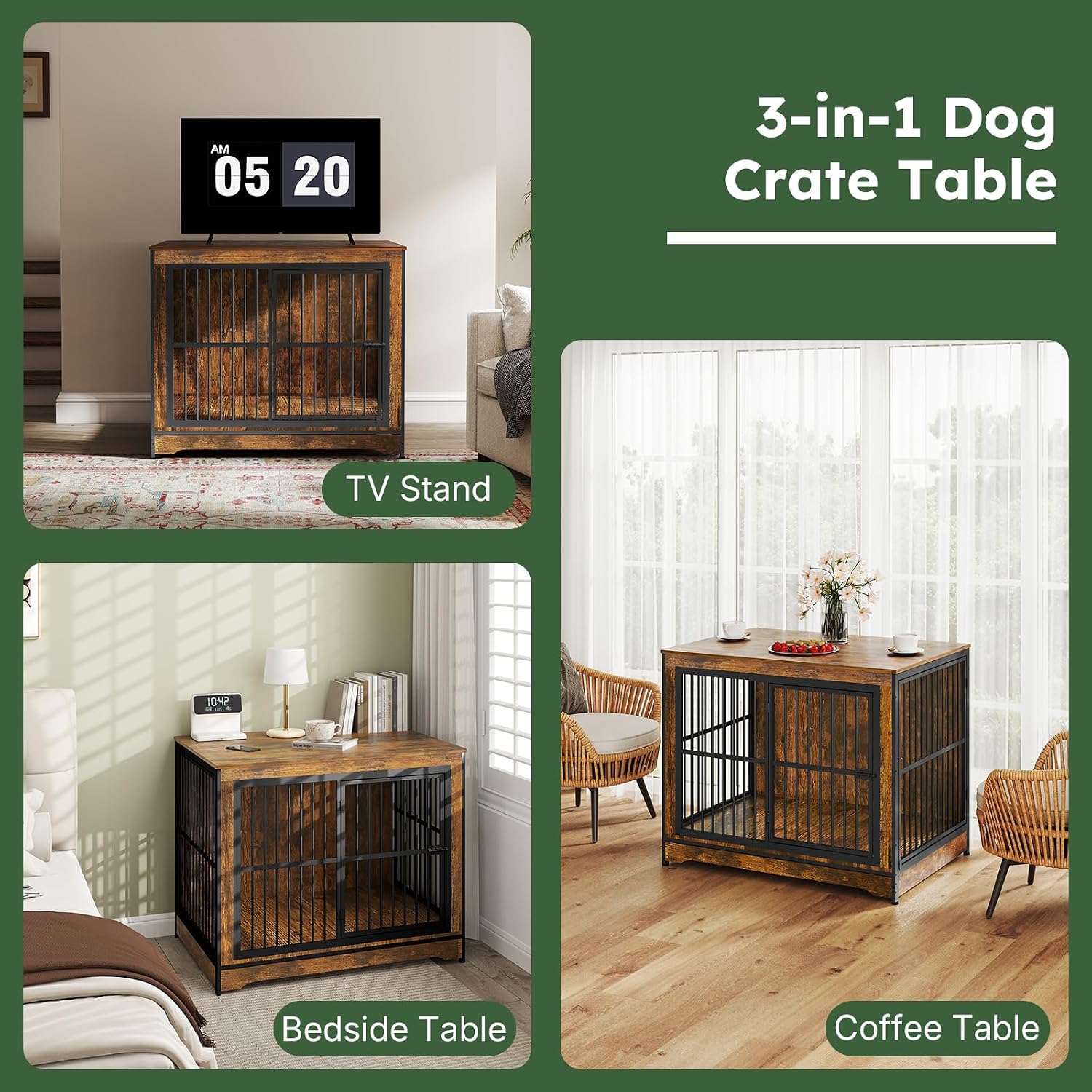 Yafylly 42 in Dog Crate, XL Dog Crate Furniture with 3 Doors, Wooden Dog Furniture Crate for Medium Dogs Large Breed, Heavy Duty Dogs Kennel End Table, Multiple Units Can be Combined or Stacked