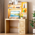 LVSOMT 40' Home Office Desk with Hutch and Drawers, Computer Desk with Power Outlets and LED Light, Study Writing Gaming Table with Storage Shelves, Workstation for Bedroom, Wood