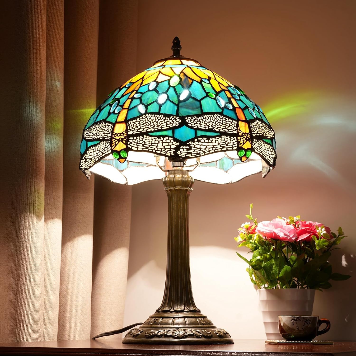 Tiffany Lamp Green Dragonfly Style Stained Glass Lamps Teal Bedroom Bedside Table Lamp for Dorm Office Art Craft Antique Decor Accent Aesthetic Nightstand Retro Metal Reading Lamps 12 inch