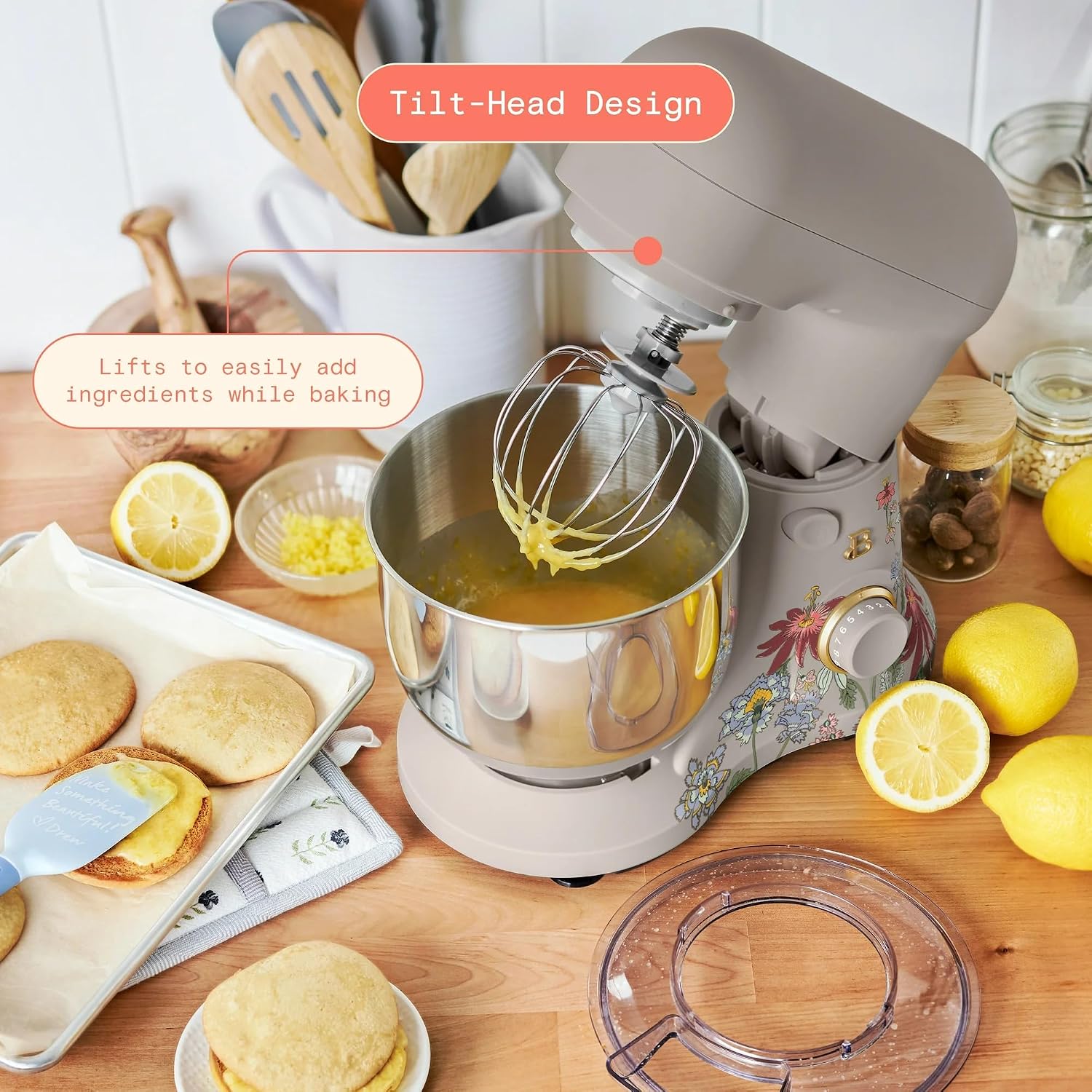 3.5 Qt Stand Mixer, 300W Powerful Motor, Tilt-Head Design with Stainless Steel Bowl, 12 Speeds, Includes Dough Hook Whisk Beater for Baking Mixing (Wildflower Porcini Taupe)