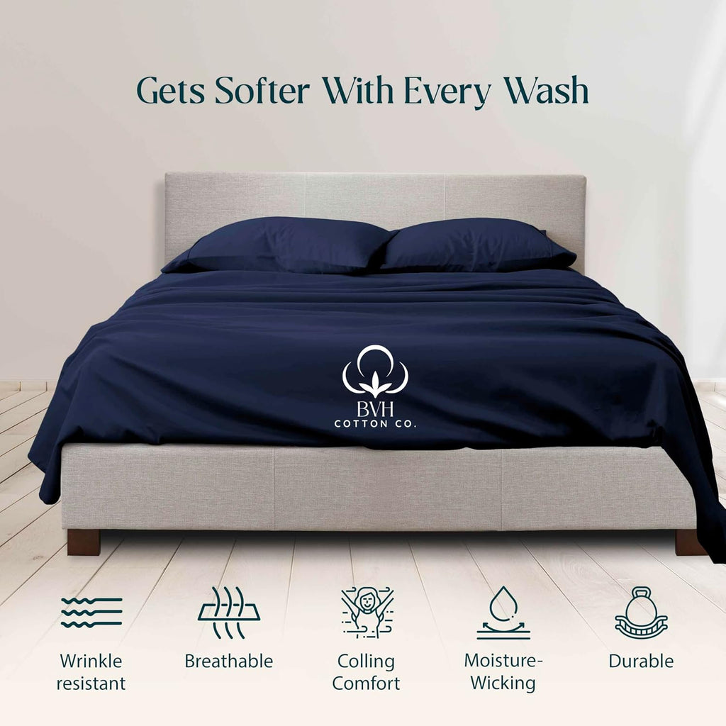 Egyptian Cotton Queen Size Sheet Set, 4Pc Bed Set, Soft & Breathable Percale Weave, Fits 10-12' Deep Pocket, Hotel-Quality 1000 Series Bed Sheets (Solid, Navy Blue)