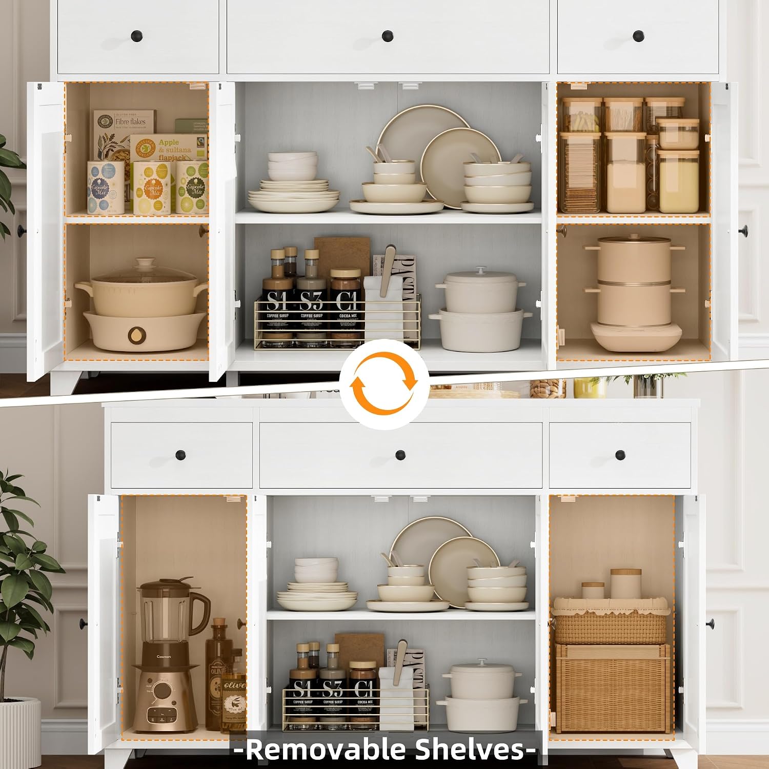 HIFIT 55' Large Kitchen Buffet Cabinet with Storage Drawers, Modern Sideboard Buffet Table Storage Cabinet with Doors and Shelves, Wood Coffee Bar Cabinet for Kitchen Dining Living Room, White
