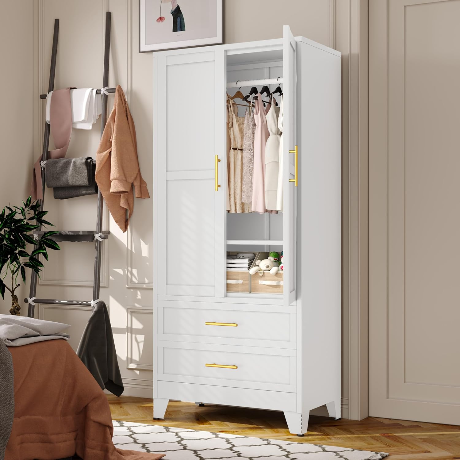 Metal Armoire Wardrobe Closet Storage Cabinet with Hanging Rod,71'' Metal Wardrobe Cabinet with 2 Drawers and Adjustable Shelf,2 Drawers for Bedroom, Laundry Room, Cloak Room