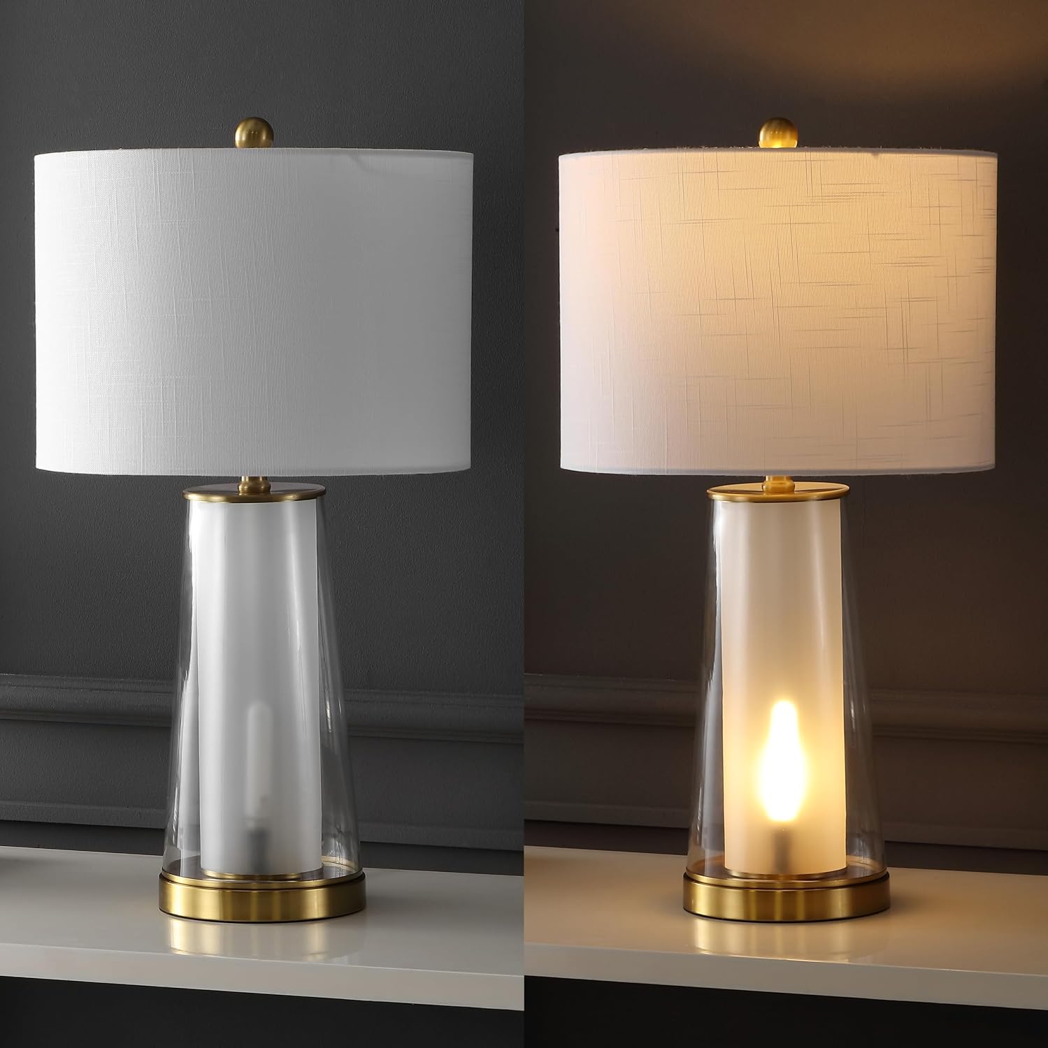 JONATHAN Y 26' Clear/Brass Gold Nightlight Table Lamp Set of 2 for Bedroom, Modern Glass Desk Lamps with White Fabric Shade, Farmhouse Living Room Decor, LED Bulbs Included JYL1137A-SET2