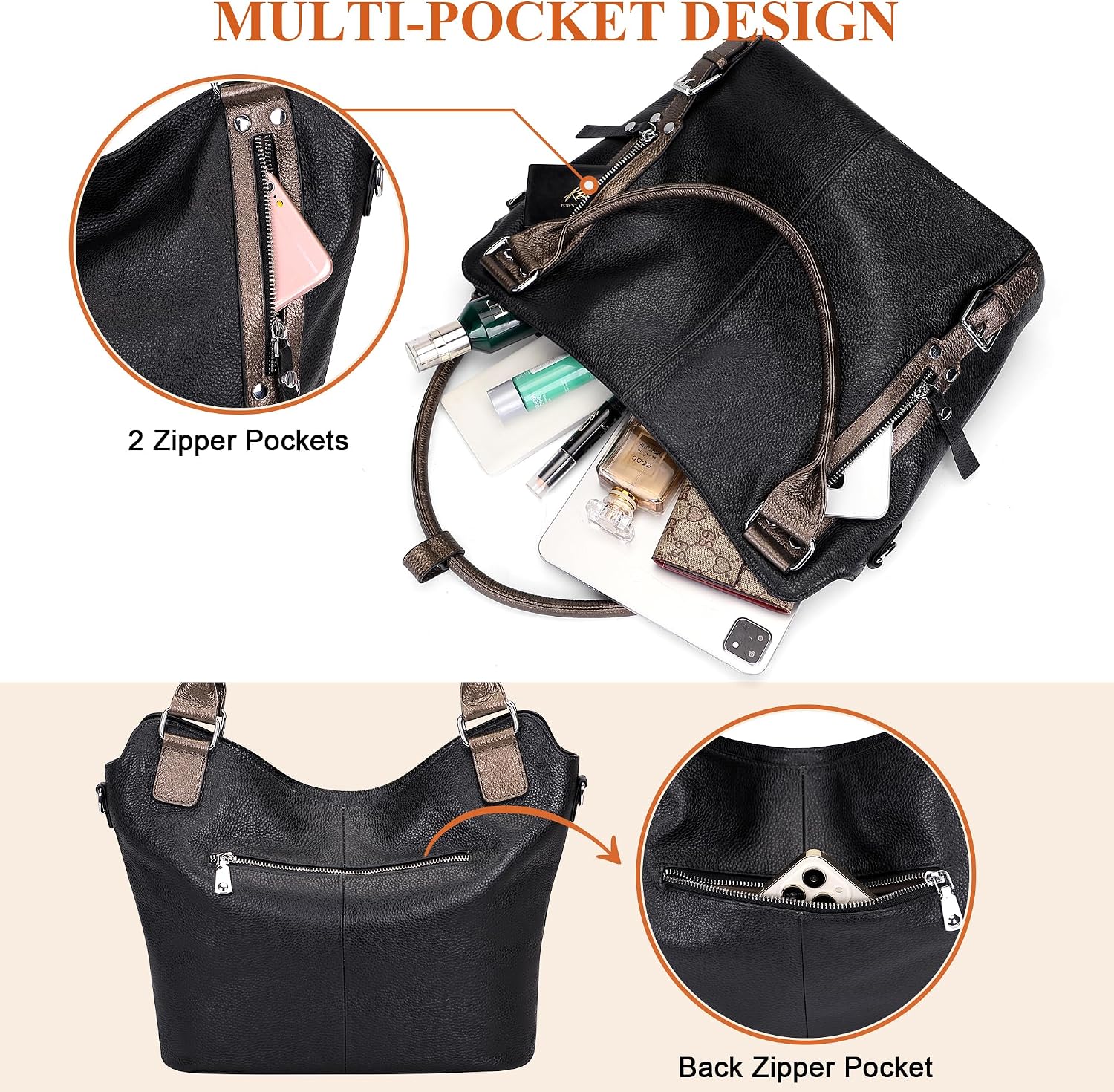 Over Earth Genuine Leather Handbags for Women Hobo Shoulder Bags Ladies Tote Bag
