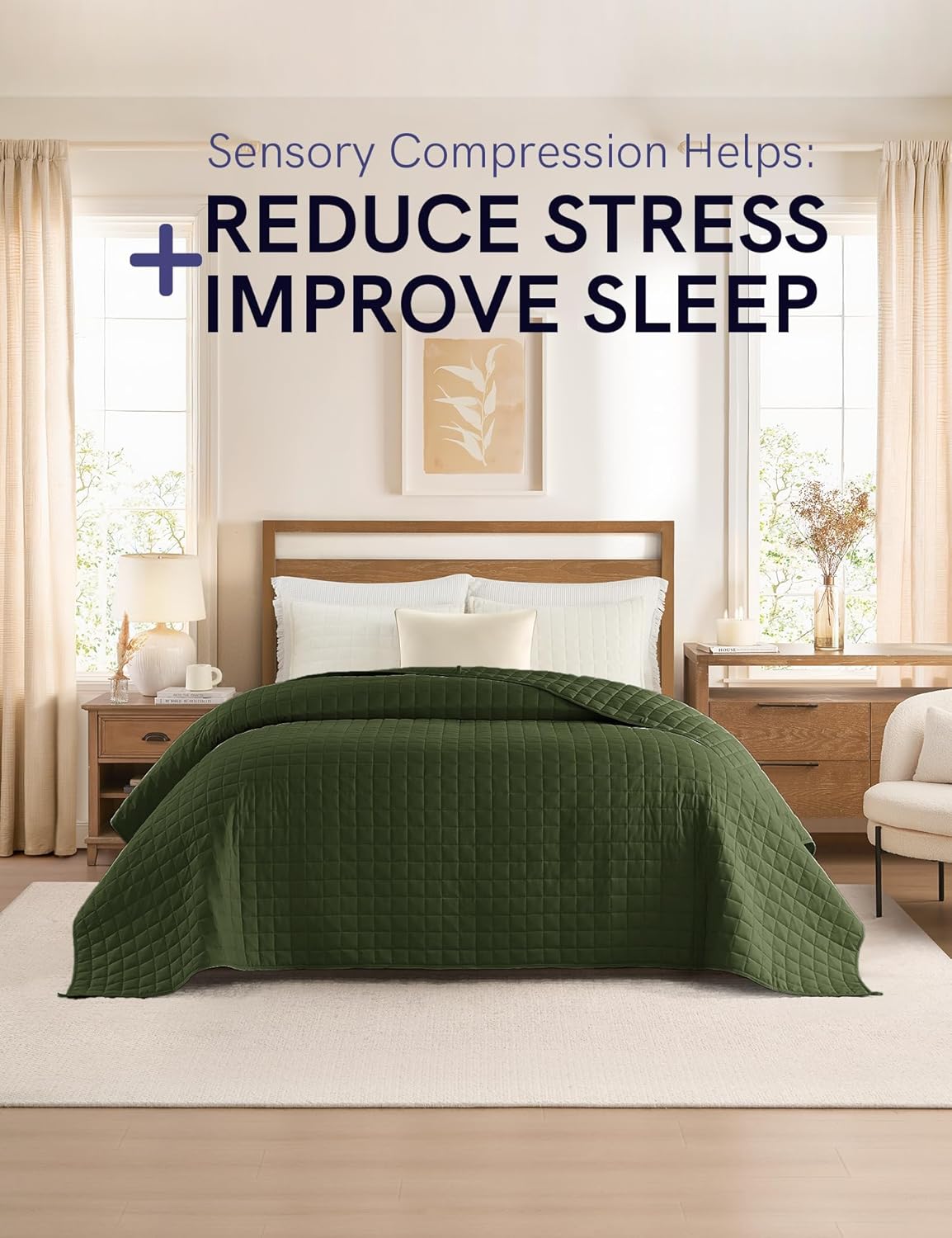 YnM Cotton King Size Weighted Blanket for Adults (88x104 Inches, 20 Pounds, Army Green), Smallest Compartments with Cooling Glass Beads,Heavy Blanket for Two Persons of 90~160lbs on Queen or King Bed