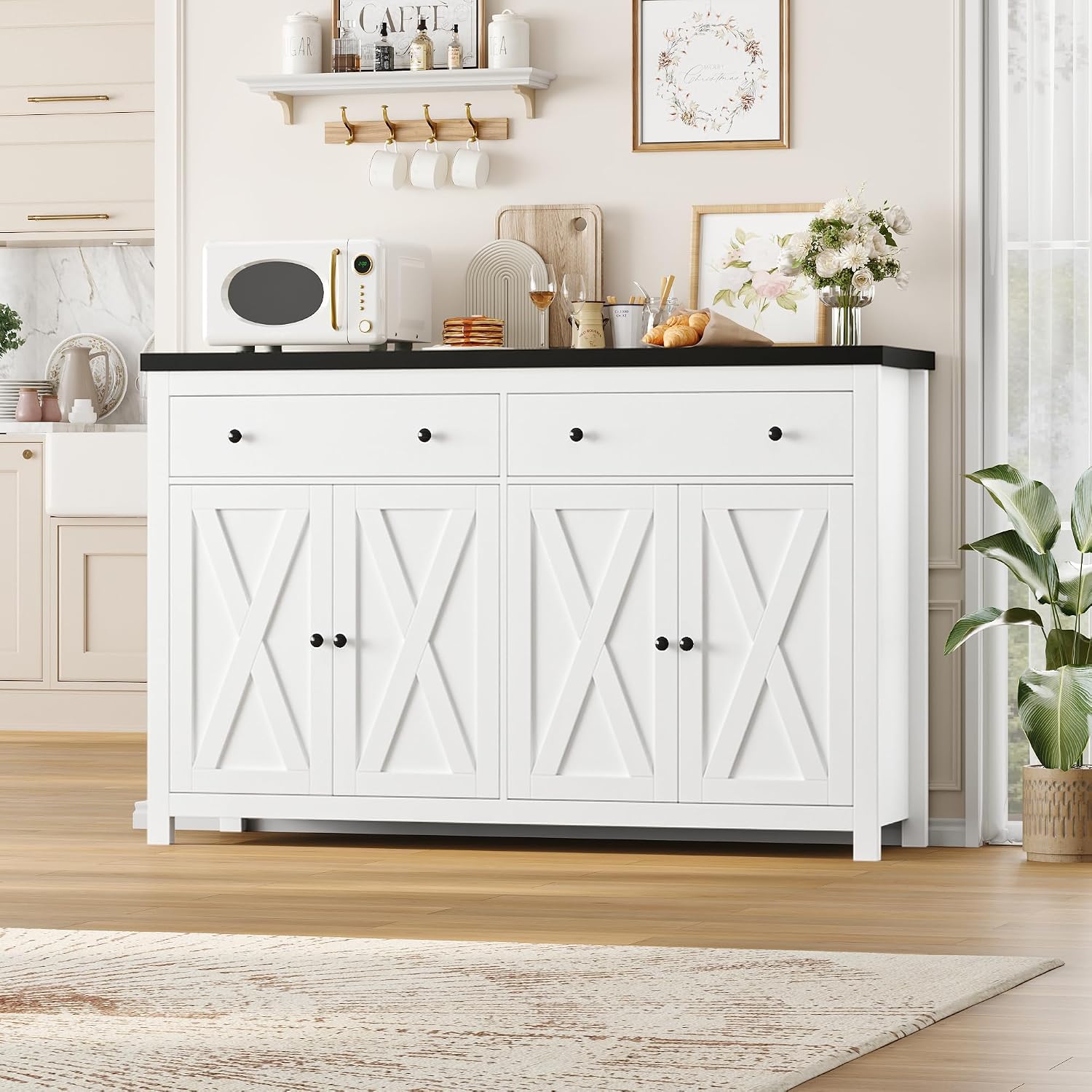 FOTOSOK Sideboard Buffet Cabinet with Storage, 55' Large Kitchen Storage Cabinet with 2 Drawers and 4 Doors, Wood Coffee Bar Cabinets Buffet Table for Kitchen Dining Room, White and Black