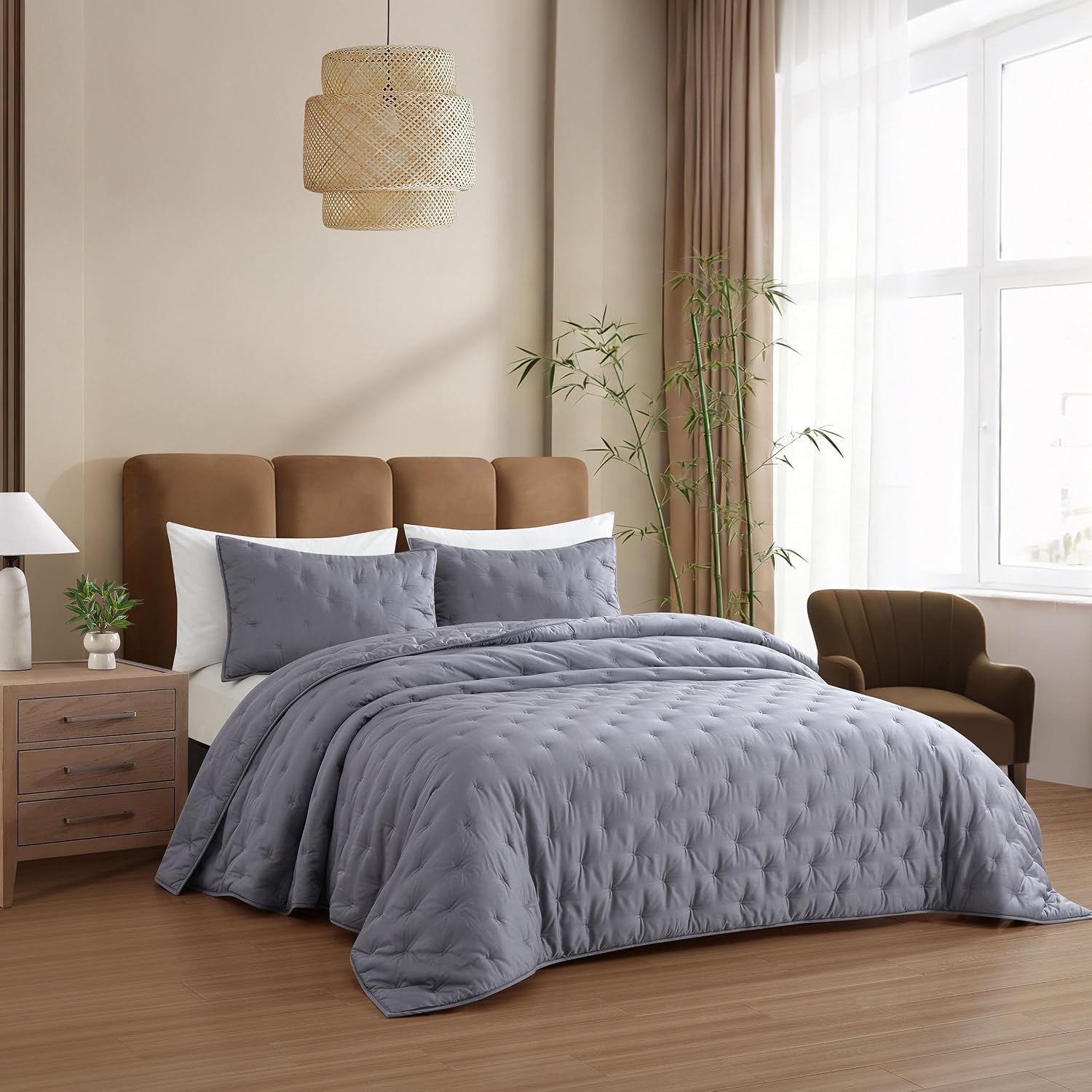 100% Viscose Derived from Bamboo Quilt Set, Soft Dreamer Cross Stitch Bedding, All Season Down Alternative Comforter with 4 Corner Loops, 2-Piece Set, Twin,Dark Grey
