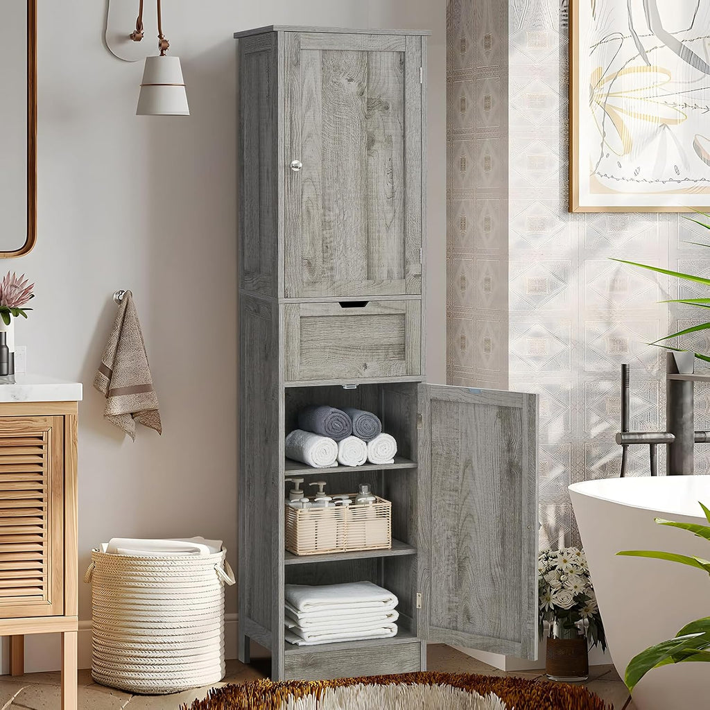 Iwell 67' Tall Bathroom Cabinet with Adjustable Shelves & 1 Drawer, Storage Cabinet with 2 Doors, Narrow Tall Cabinet, Floor Cabinet for Bathroom, Living Room, Home Office, Grey