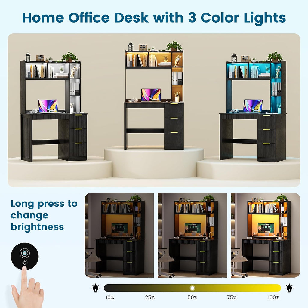 WOOVIVS Home Office Desk with Hutch & LED Lights - 39' Computer Desk with Charging Station, 3 Large Drawers, Hidden Compartment & Fluted Panel Design,Black Writing Desk for Bedroom, Study