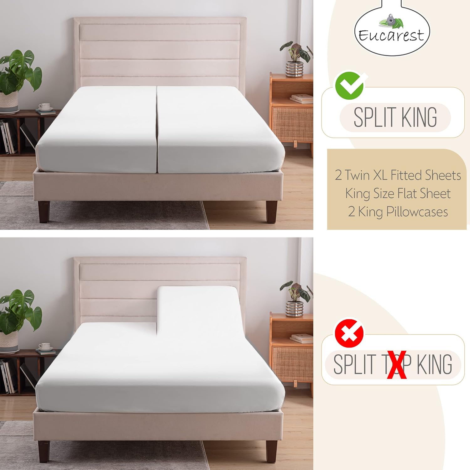 Split-King Eucalyptus Lyocell Bed Sheets, Hypoallergenic 100% Organic Tencel, Thermal Regulating and Moisture Wicking for Hot Sleepers, Superior Thread Quality, Extra Deep Pockets - White