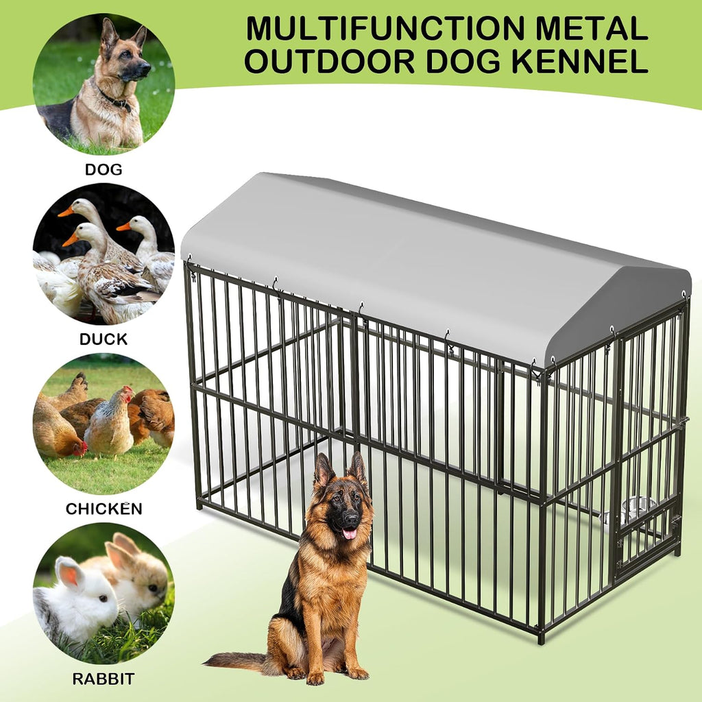 GarveeHome 8×4×6FT Large Heavy Duty Outdoor Dog Kennel, Weatherproof Metal Dog Cage with Lock, Rotating Stainless Steel Feeding Bowl & Waterproof Roof Cover, for All Dog Breeds, Yard or Indoor Use