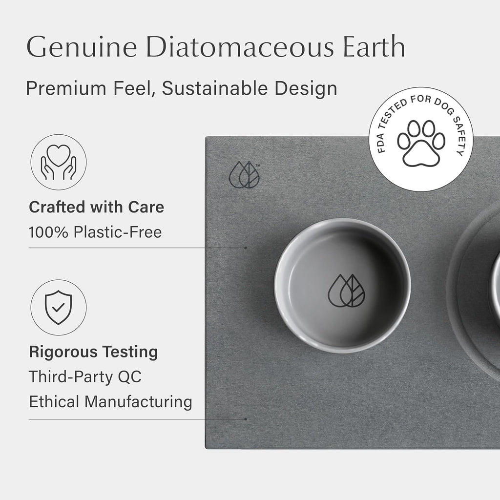 Dorai Home Ceramic Dog Bowls + Stone Drying Mat - Dog Food and Water Bowl Set with Non-Slip Base that Absorbs Spills and Drips - Made with Diatomaceous Earth for Quick Drying - 23.6' x 15.4' - Slate
