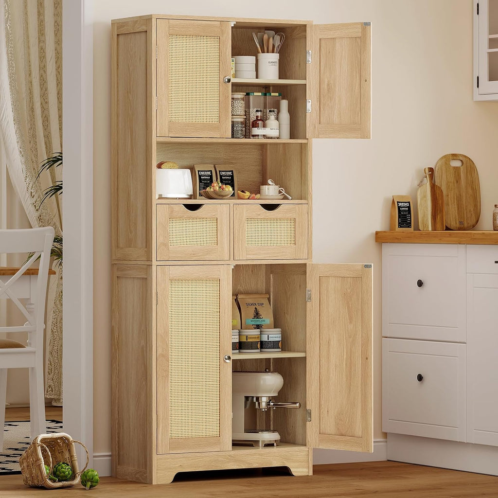 Iwell Tall Storage Cabinet with 2 Drawers & Adjustable Shelves, Rattan Cabinet, Kitchen Storage Cabinet, Pantry Cabinet with 4 Doors, Tall Cabinet for Living Room, Kitchen, Home Office, Natural