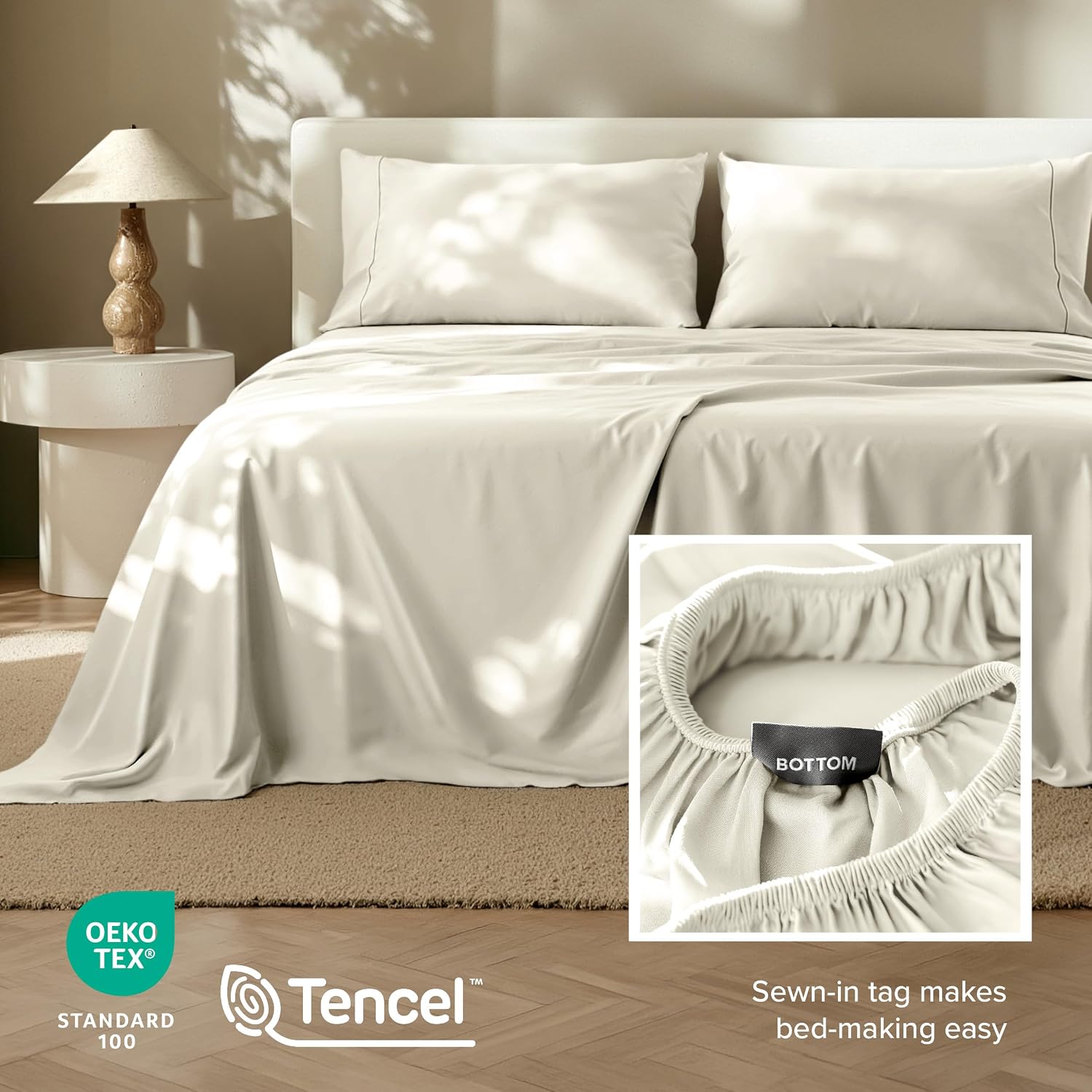 Bare Home Lyocell Tencel Sheet Set - Queen Size - 4 Piece Set - Derived from Eucalyptus - All-Season - Ultra Soft - Deep Pocket (Queen, Natural)