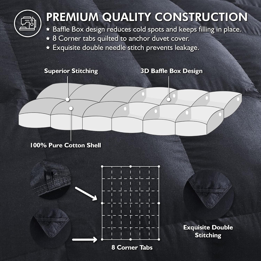 Luxurious Queen Size Goose Down Feather Fiber Comforter Duvet Insert, 100% Egyptian Cotton Cover, 60 oz. Fill Weight Comforter (Queen, Black Solid)