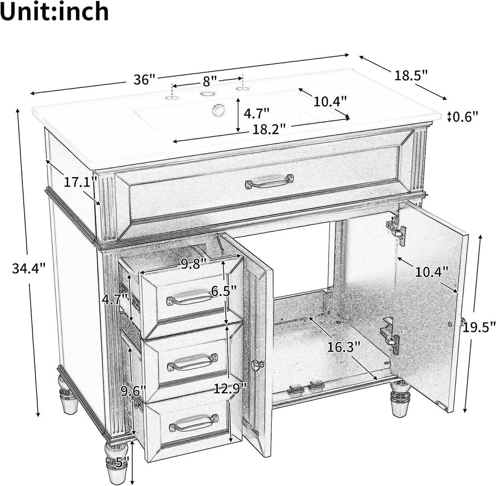 Flieks 36' Bathroom Vanity with Sink, Black Bathroom Cabinet with Drawers, Solid Frame and MDF Board, One Package