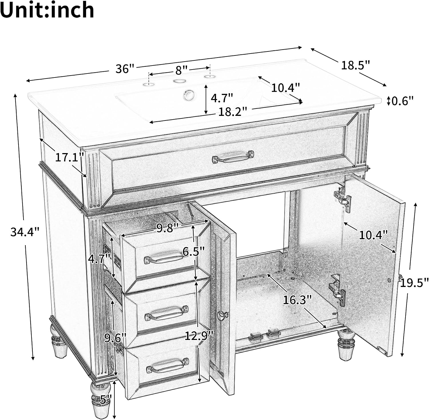 Flieks 36' Bathroom Vanity with Sink, Black Bathroom Cabinet with Drawers, Solid Frame and MDF Board, One Package
